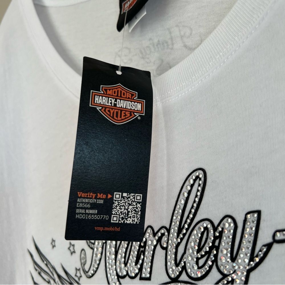 Harley Davidson Women's Winged Graphic Patriot Red White Jewel Biker Tee SZ L - Picture 9 of 14